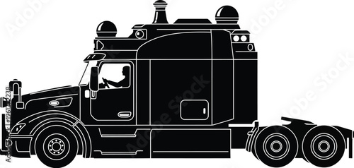 A futuristic black and white illustration portrays a self-driving semi-truck, labeled "Aurora Driver," showcasing advanced autonomous technology for modern freight logistics and future transportation.