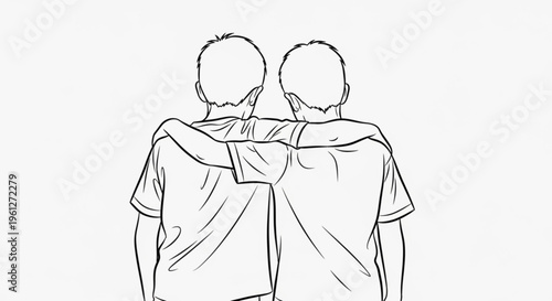 Two men standing back to back with arm around each other in a friendly gesture on white background