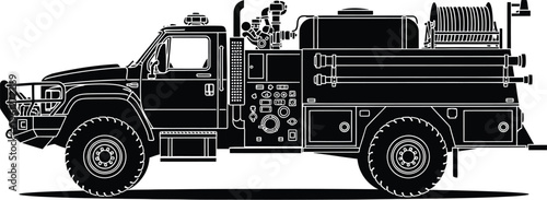 A robust black and white illustration showcases a specialized brush fire truck, equipped with essential tools and tanks for combating wildfires in rugged terrain with efficiency and power.