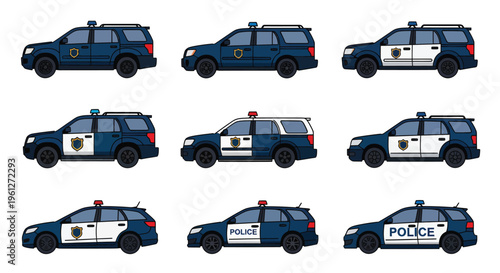 A comprehensive array presents nine distinct police SUV and car models, each featuring various official liveries and siren configurations, illustrating diverse law enforcement patrol vehicles.