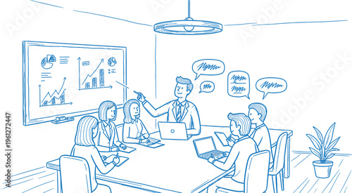 A hand-drawn sketch illustration depicts a productive business meeting in an office setting, where colleagues collaborate around a table with a manager presenting data on a whiteboard.