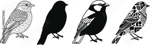 A diverse set of four bird illustrations displays different artistic styles, ranging from detailed line art to solid silhouettes and abstract patterns, on a clean white background.
