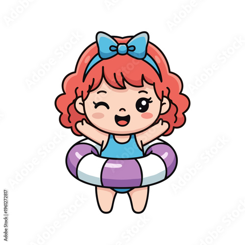 cute red-haired girl floating happily in inflatable pool ring vector illustration