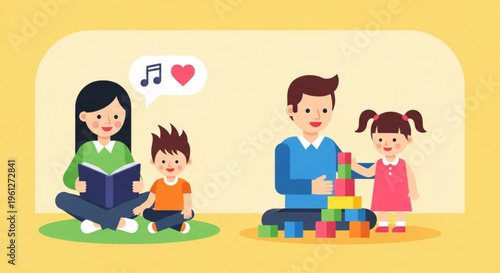 Happy family with parents and kids engaging in playful learning activities together at home