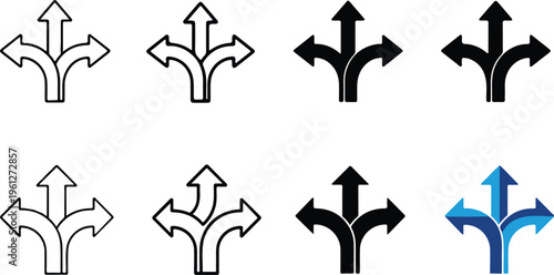 Three way arrow icons - choice decision and diversification vector set