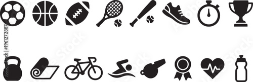 Sport con Set, Minimalist Vector Icons, UI Design Elements, Black and White Graphics for Web and Mobile Apps