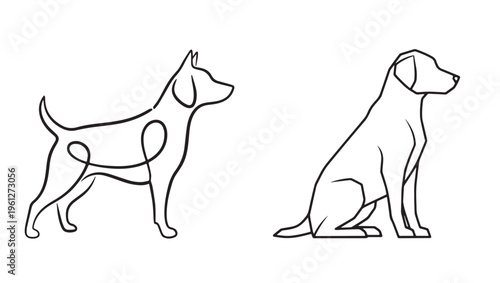Minimalist line art illustration featuring two distinct dog silhouettes on a plain white background