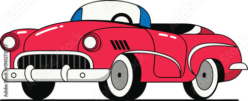 Vintage red car with exaggerated suspension depicted in a stylized illustration