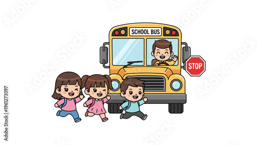 children boarding school bus with stop sign flat design vector illustration