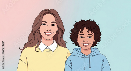 Smiling teenage girl and boy standing together in colorful pastel background