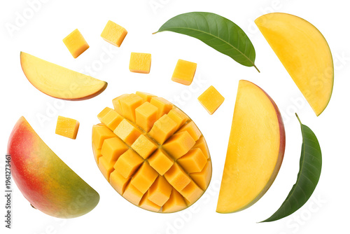 Sliced and cubed mango with leaves on black sliced mango green leaves isolated on a transparent background