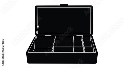 Open tackle box with compartments a stark black silhouette