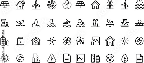 A comprehensive set of outline icons representing various sustainable energy and green technologies