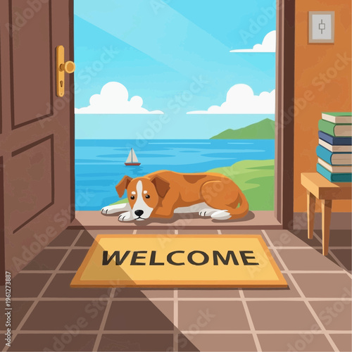 Dog lying on welcome mat in doorway with ocean view  