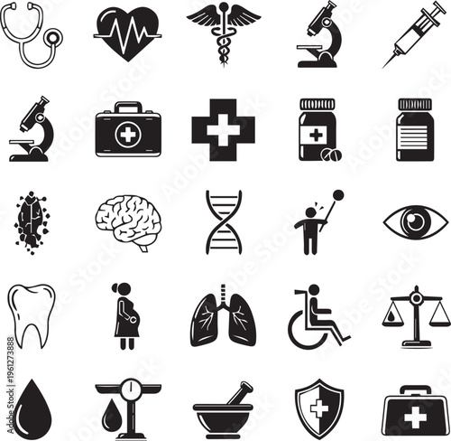 Black and white medical icon set vector design