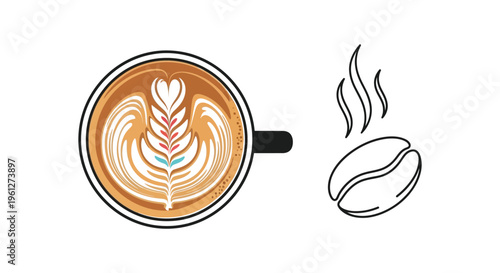 Coffee cup with latte art and bean minimalist style silhouette