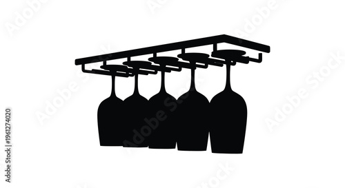 Hanging wine glasses on a rack a dark striking silhouette