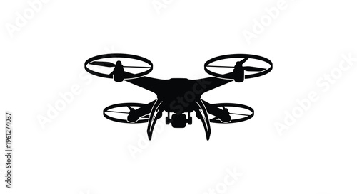 A black drone with propellers displayed as a striking silhouette