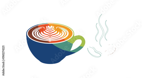Colorful latte art in a mug with coffee beans a minimalist silhouette