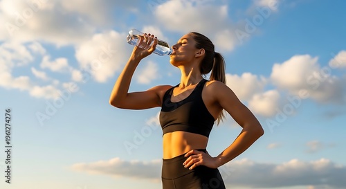 young woman drinking water from a bottle outdoors