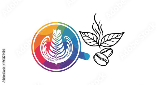 Colorful latte art with coffee bean and leaf design a striking silhouette