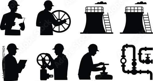 Industrial engineering silhouettes, workers with hard hats, valve operation, cooling towers, piping system, inspection tasks, energy production, manufacturing industry