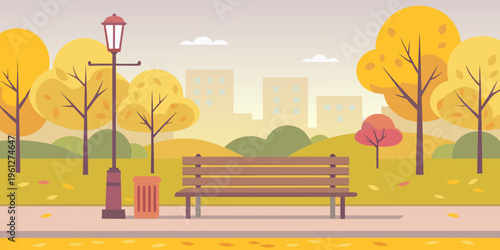 Autumn park scene with a bench trees and a cityscape backdrop