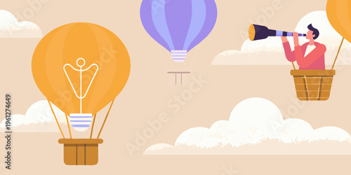 Man in hot air balloon observes through a telescope idea concept