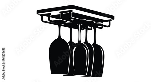 Hanging wine glasses from a rack a striking black silhouette