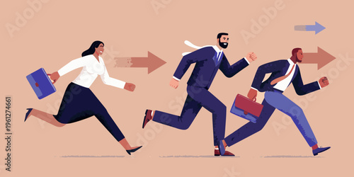 Business professionals race forward with determination pursuing success and growth