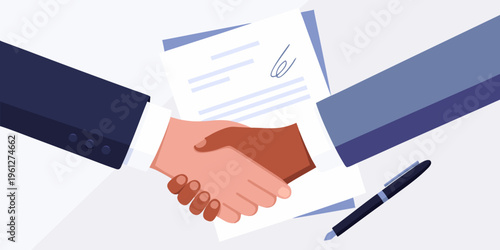 A business deal is sealed with a handshake and signed document