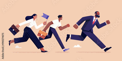 Business professionals energetically race forward symbolizing ambition and success