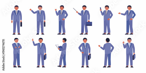 Diverse group of businessmen in suits with various poses and expressions