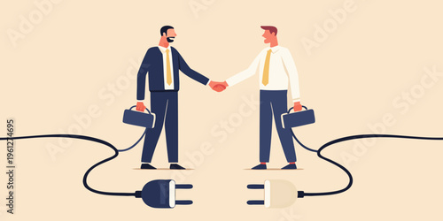 Two businessmen shake hands over a symbolic electrical connection