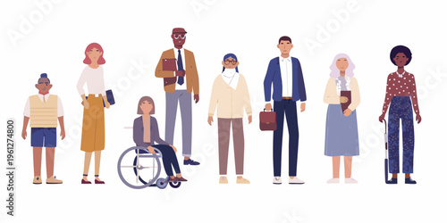 Diverse group of people standing together in a flat illustration style