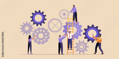 Teamwork and collaboration concept with people building interconnected gears