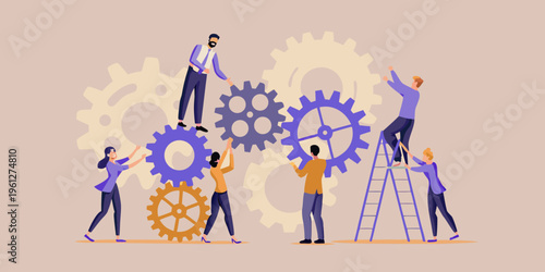 Teamwork and collaboration concept with people interacting with gears