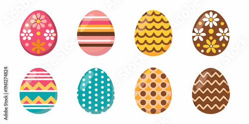 A collection of eight brightly patterned easter eggs isolated on white