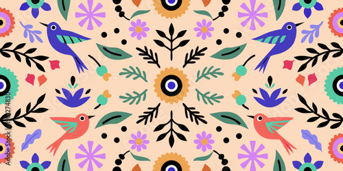 Colorful floral and bird pattern with a repeating design aesthetic