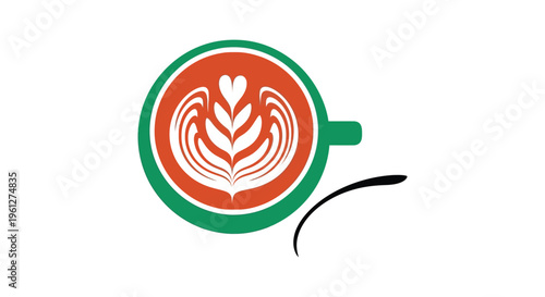 Top down view of a latte art heart within a green cup silhouette