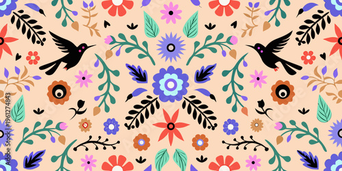 Floral and avian pattern with stylized botanical elements on a peach background