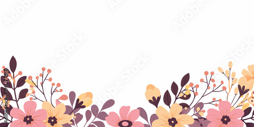 Floral arrangement with pink yellow and purple blossoms on white background