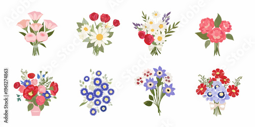 Colorful bouquets of various flowers arranged in a grid pattern