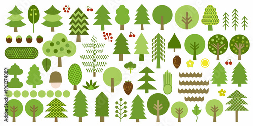 Collection of stylized green trees shrubs and botanical elements