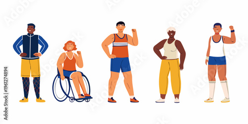 Diverse group of athletes in colorful sportswear posing together