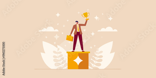 Successful businessman celebrates victory by raising a golden trophy high