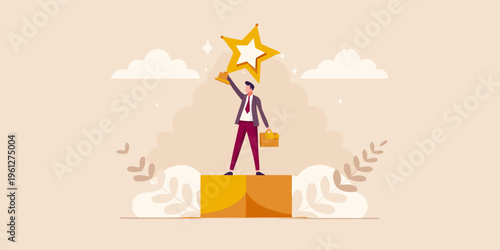 Business professional reaches for a golden star atop a pedestal