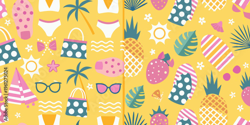 Colorful summer pattern featuring beach items fruit and tropical foliage