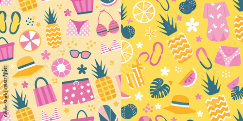 Colorful summer pattern with tropical fruits swimwear and accessories