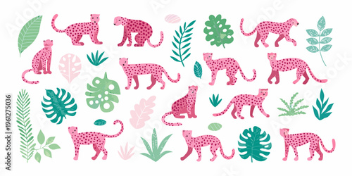 A playful collection of pink leopards and tropical foliage illustrations